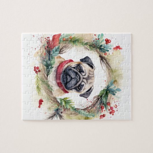 Pug Kerstkrans Feestelijke Pup Legpuzzel (Horizontaal)