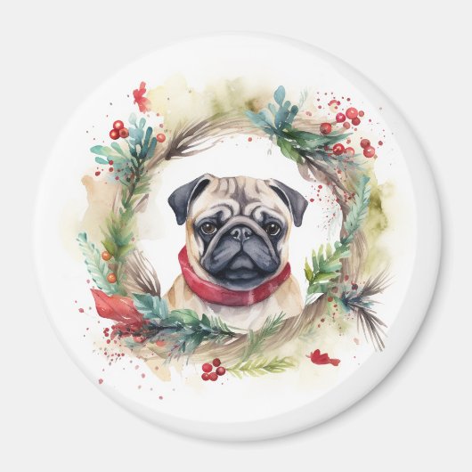 Pug Kerstkrans Feestelijke Pup Magneet (Voorkant)