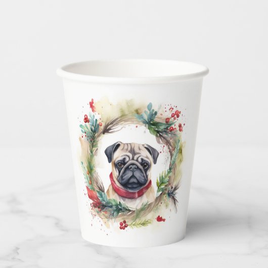 Pug Kerstkrans Feestelijke Pup Papieren Bekers (Voorkant)