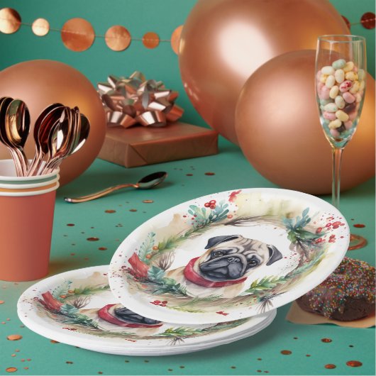 Pug Kerstkrans Feestelijke Pup Papieren Bordje (Multi)