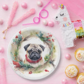 Pug Kerstkrans Feestelijke Pup Papieren Bordje (Feest)