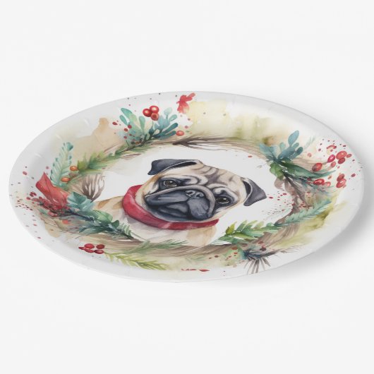 Pug Kerstkrans Feestelijke Pup Papieren Bordje (Gekanteld)
