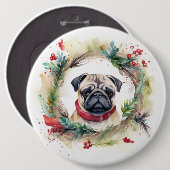 Pug Kerstkrans Feestelijke Pup Ronde Button 6,0 Cm (Voorkant /achterkant)