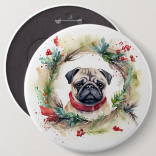 Pug Kerstkrans Feestelijke Pup Ronde Button 6,0 Cm