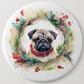 Pug Kerstkrans Feestelijke Pup Ronde Button 6,0 Cm (Voorkant)