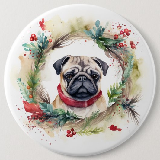 Pug Kerstkrans Feestelijke Pup Ronde Button 6,0 Cm (Voorkant)