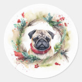 Pug Kerstkrans Feestelijke Pup Ronde Sticker (Voorkant)