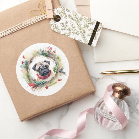 Pug Kerstkrans Feestelijke Pup Ronde Sticker (Geschenken)