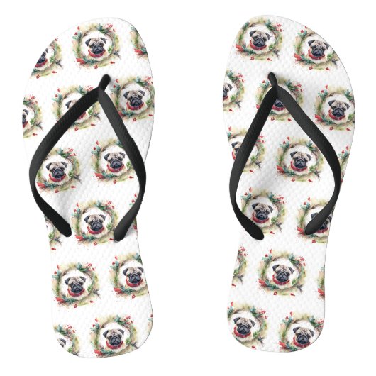 Pug Kerstkrans Feestelijke Pup Teenslippers (Voetbed)