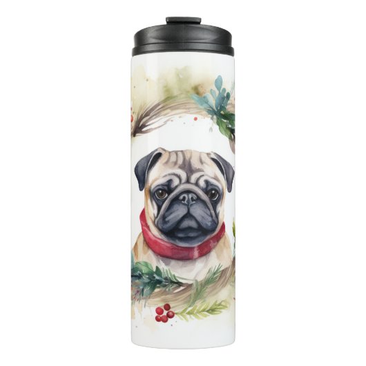 Pug Kerstkrans Feestelijke Pup Thermosbeker (Voorkant)