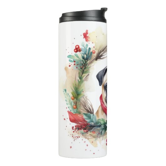 Pug Kerstkrans Feestelijke Pup Thermosbeker (Gedraaid links)