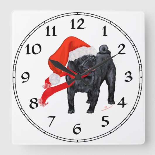 Pug Kerstman Helper Vierkante Klok (Voorkant)