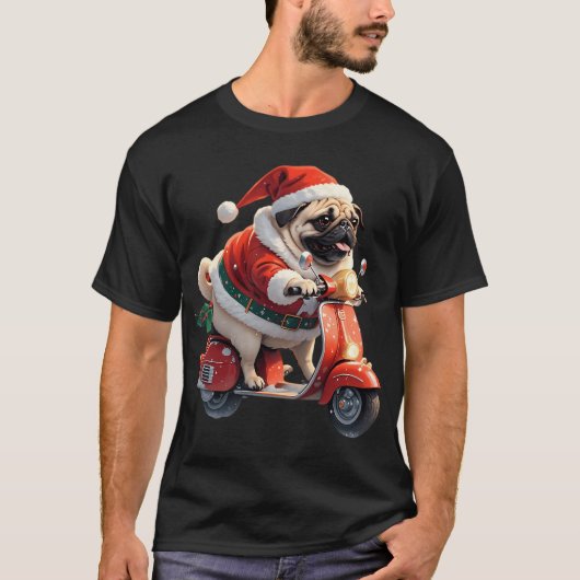 Pug Kerstman Scooter Grappige Kerstmis T-shirt (Voorkant)