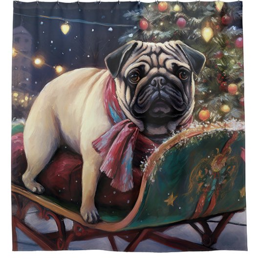 Pug Kerstmis Feestelijk Seizoen Douchegordijn (Voorkant)