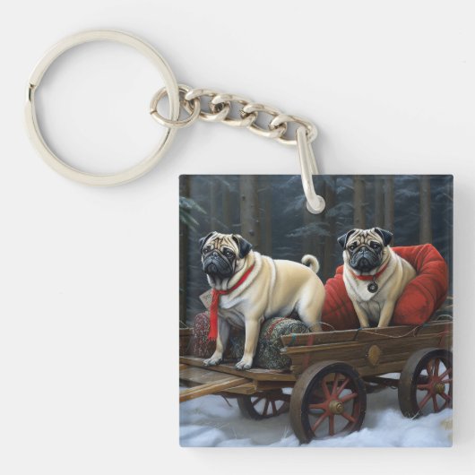 Pug Kerstmis Feestelijk Seizoen Sleutelhanger (Voorkant)