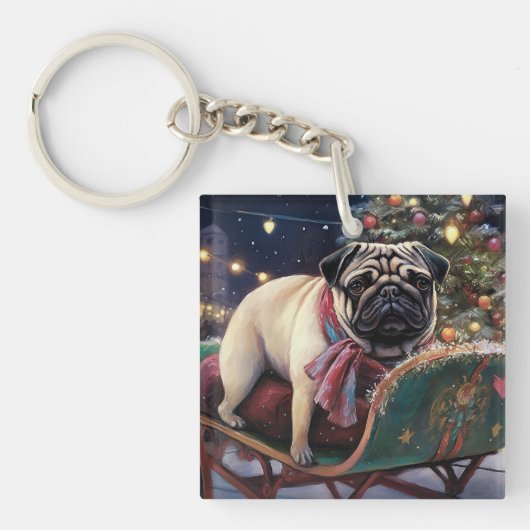 Pug Kerstmis Feestelijk Seizoen Sleutelhanger (Voorkant)