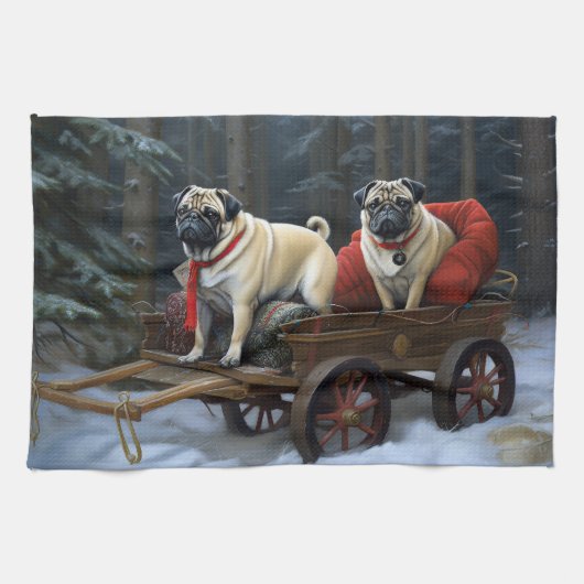 Pug Kerstmis Feestelijk Seizoen Theedoek (Horizontaal)