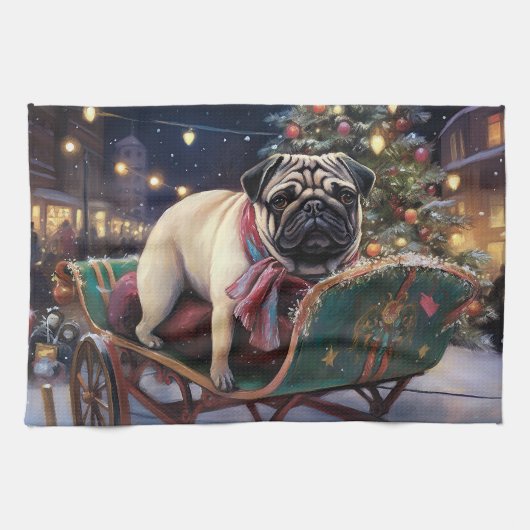 Pug Kerstmis Feestelijk Seizoen Theedoek (Horizontaal)
