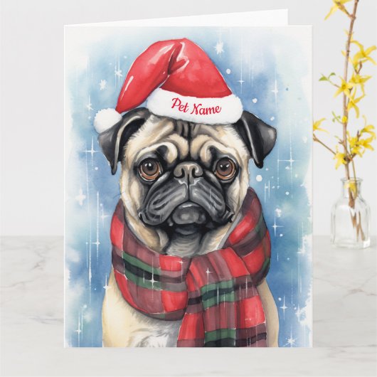 Pug Kerstmis Gepersonaliseerde Santa Paws Feesteli Kaart (Gele Bloem)