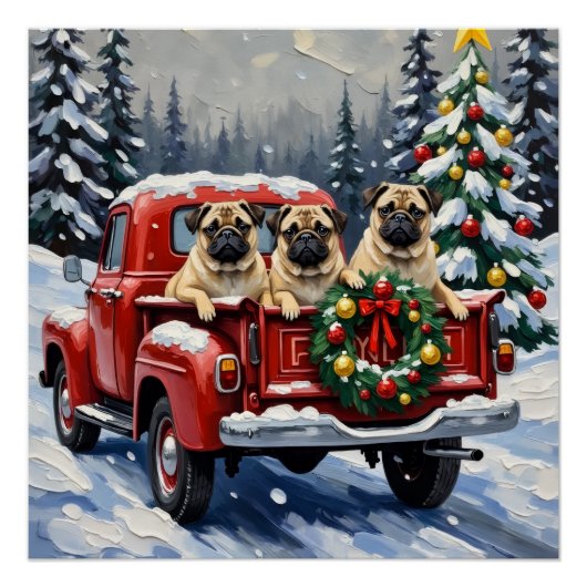 Pug Kerstmis Rode Truck Kerstfeest Perfect Poster (Voorkant)