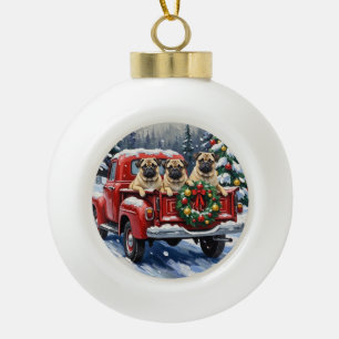 Pug Kerstmis Rode Truck Vakantie Keramische Bal Ornament