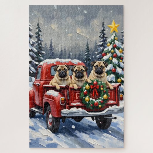 Pug Kerstmis Rode Truck Vakantie Legpuzzel (Verticaal)