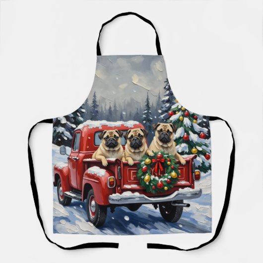 Pug Kerstmis Rode Truck Vakantie Schort (Voorkant)