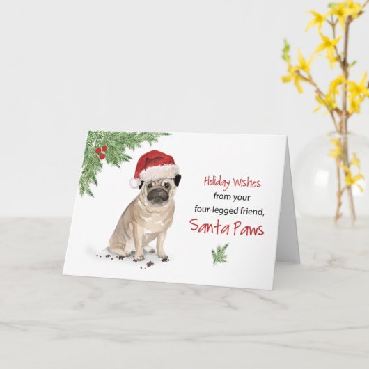 Pug Kerstmis van Dog in Funny Santa Hat Kaart (Gele Bloem)