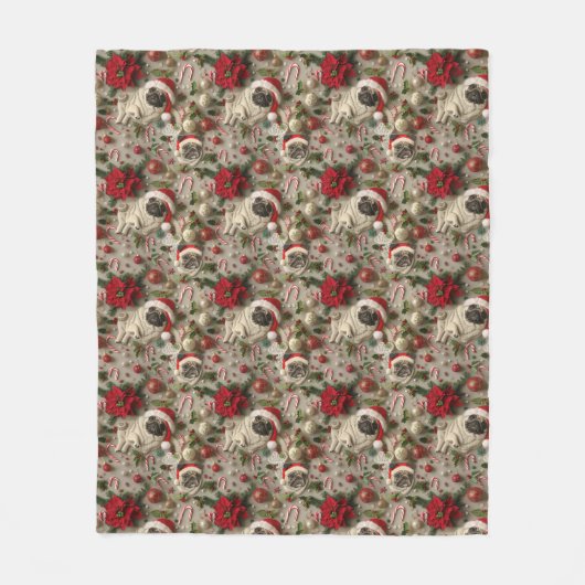 Pug kerstpatroon fleece deken (Voorkant)