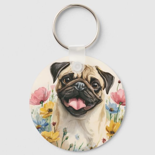 Pug Keychain – Watercolor (Voorkant)