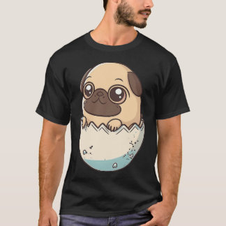 pug komt uit een ei, kawaii chibi puppy met t-shirt