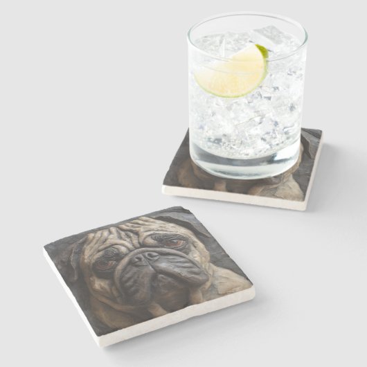 Pug Kunst Stenen Onderzetter (Zijkant)