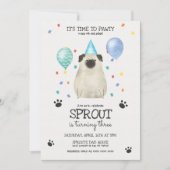 Pug laat Pawty Dog Birthday Invitation Blue Kaart (Voorkant)