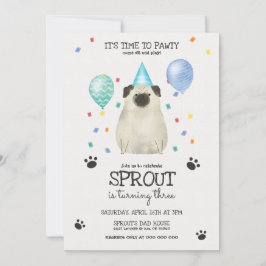 Pug laat Pawty Dog Birthday Invitation Blue Kaart