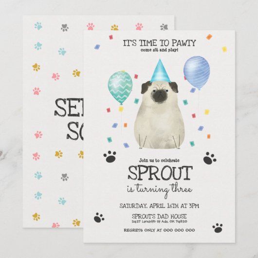 Pug laat Pawty Dog Birthday Invitation Blue Kaart (Voorkant / Achterkant)