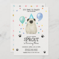 Pug laat Pawty Dog Birthday Invitation Blue