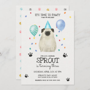 Pug laat Pawty Dog Birthday Invitation Blue Kaart