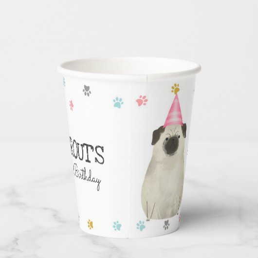 Pug laat pawty Dog Birthday Party Pink Paper Cup Papieren Bekers (Rechts)