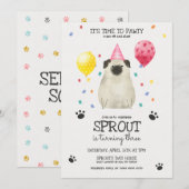 Pug laat Pawty Dog Birthday Uitnodiging Roze (Voorkant / Achterkant)