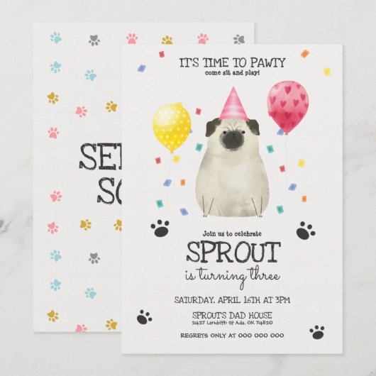 Pug laat Pawty Dog Birthday Uitnodiging Roze (Voorkant / Achterkant)