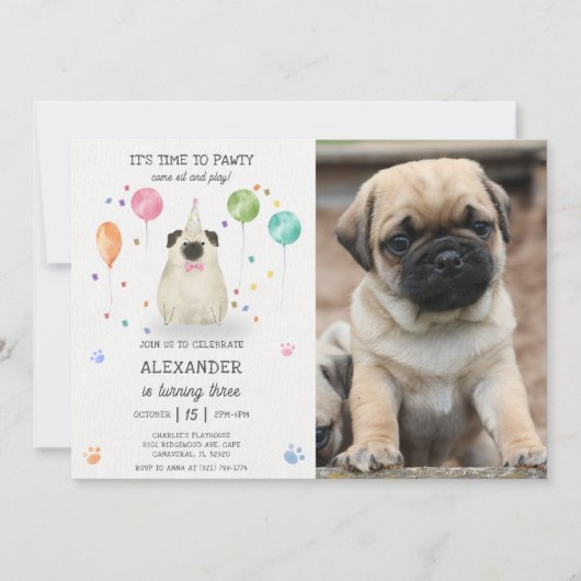 Pug Lets Hond Pawty Puppy Verjaardag Roze Foto Kaart (Voorkant)