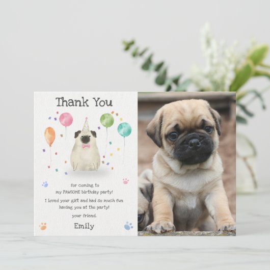 Pug Lets Puppy Dog Verjaardagsfeestje Dank je kaar Kaart (Staand voorkant)