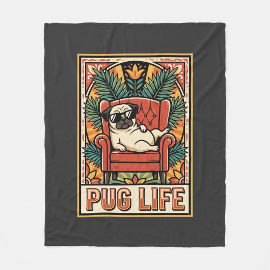 Pug Leven Retro Volkskunst Hond Fleece Deken (Voorkant)