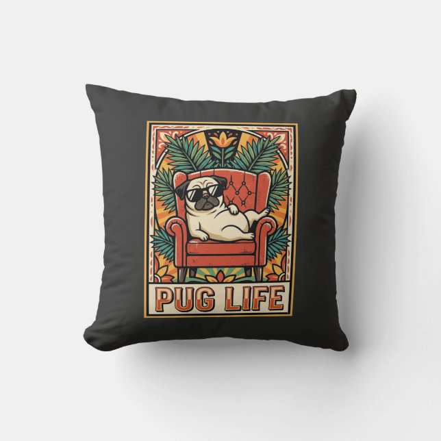 Pug Leven Retro Volkskunst Hond Kussen (Voorkant)