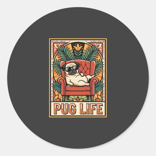 Pug Leven Retro Volkskunst Hond Ronde Sticker (Voorkant)