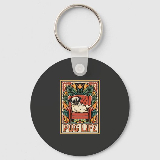 Pug Leven Retro Volkskunst Hond Sleutelhanger (Voorkant)