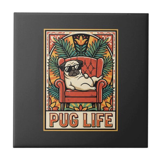 Pug Leven Retro Volkskunst Hond Tegeltje (Voorkant)