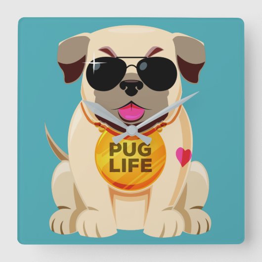 Pug Life aangepaste kleurenwandklok Vierkante Klok (Voorkant)