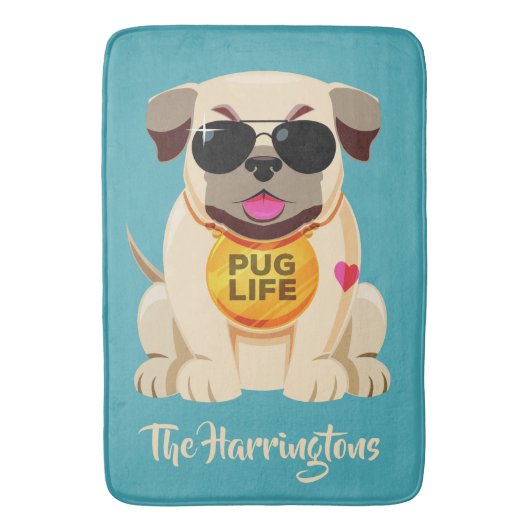 Pug Life aangepaste naam & kleur badmatten (Voorkant Verticaal)