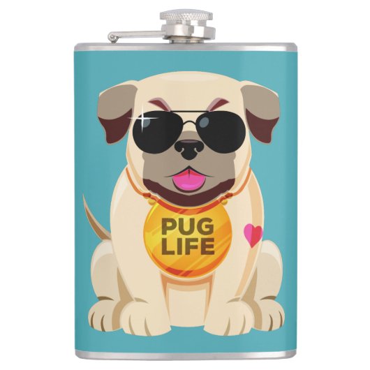 Pug Life aangepaste naam & kleur kolf Heupfles (Voorkant)